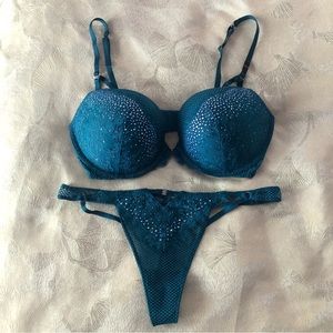 Victorias Secret Fashion Show crystal mesh blue bra and panty thong set New